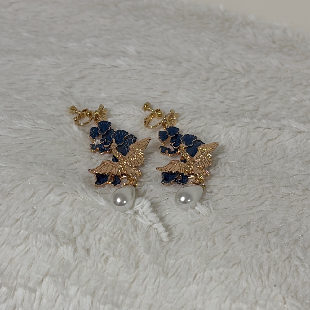 Gold and Blue Phoenix Screw On Costume Earrings with Pearl Accents